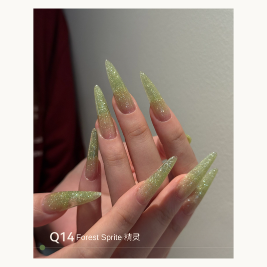 Pale green glitter pointed nails with a shimmering gradient, MODING Q14