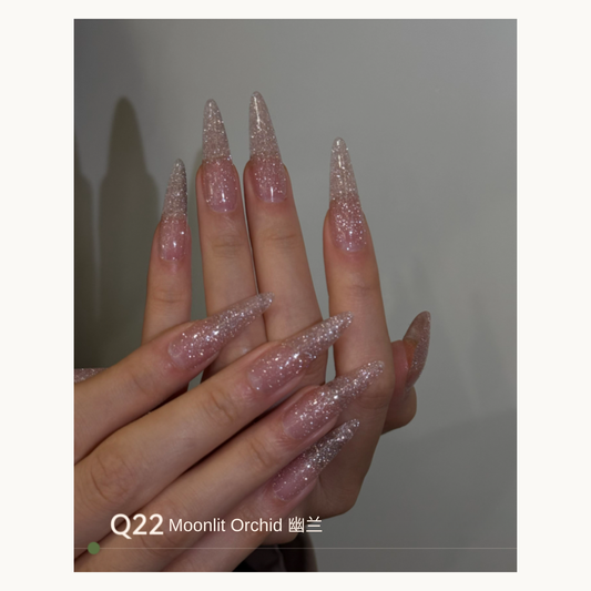 Orchid-pink glitter pointed nails with a sheer gradient, MODING Q22