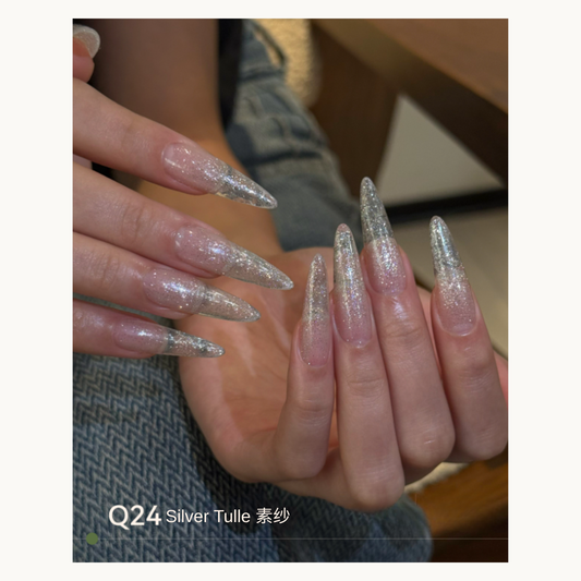Sheer pink pointed nails with silver glitter tips, MODING Q24