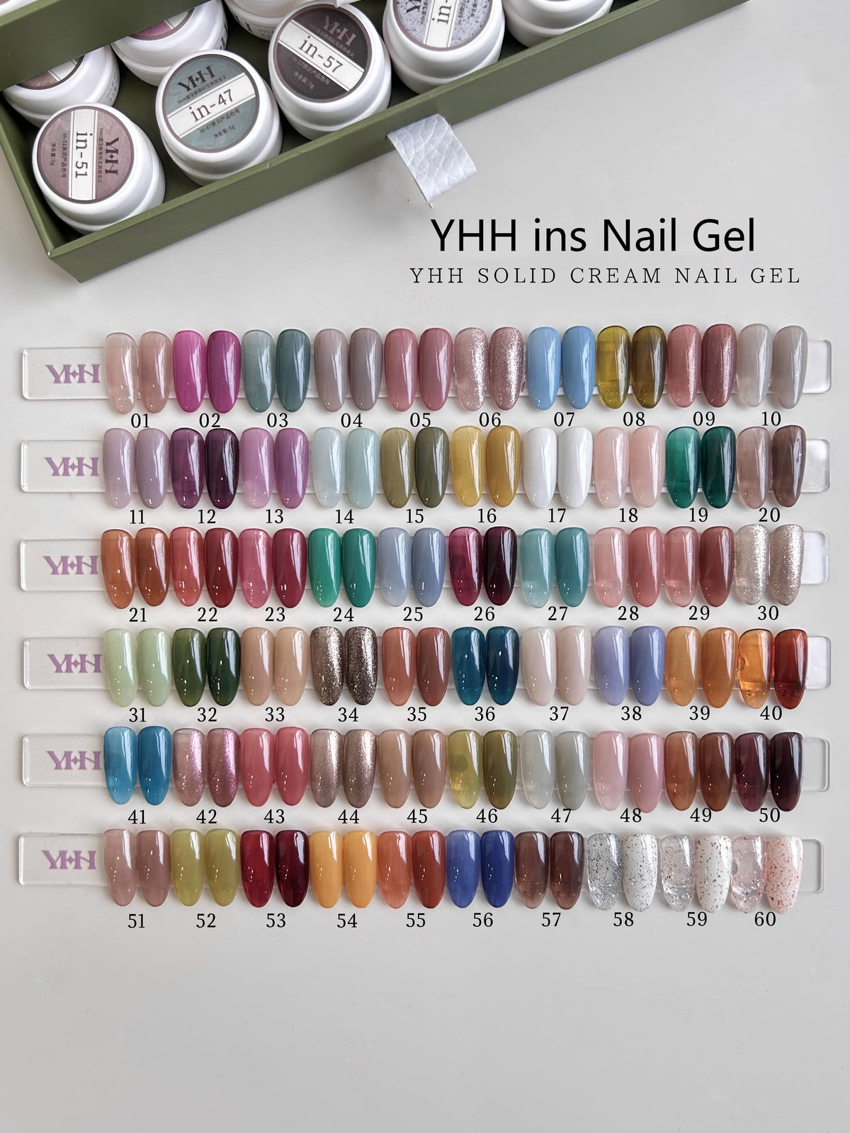 YHH solid cream gel shade chart showing 60 numbered colors