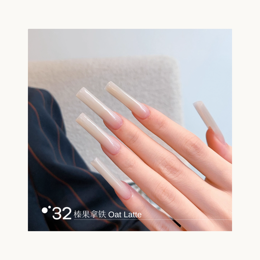 Milky oat-beige glossy nails with pink bases, MODING Q32