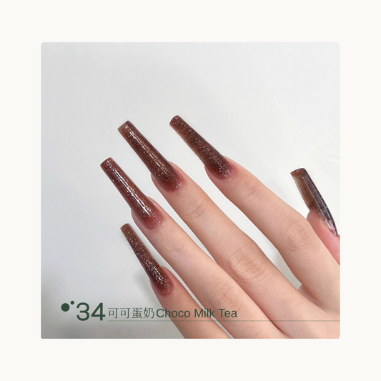 Deep chocolate-brown glitter nails with pink bases, MODING Q34
