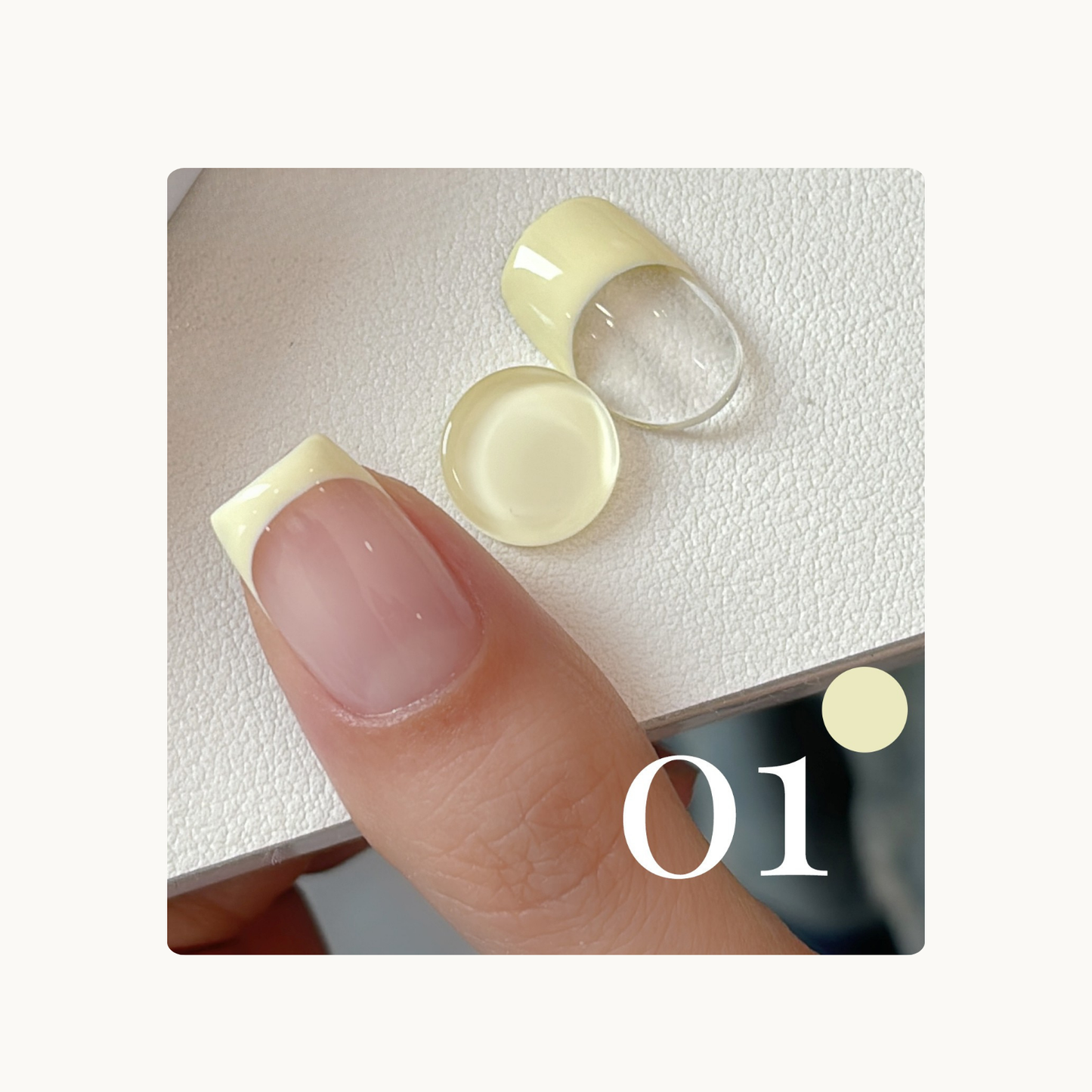 French tip gel swatch in shade 01 cream yellow, showing smooth one-stroke application on nail.
