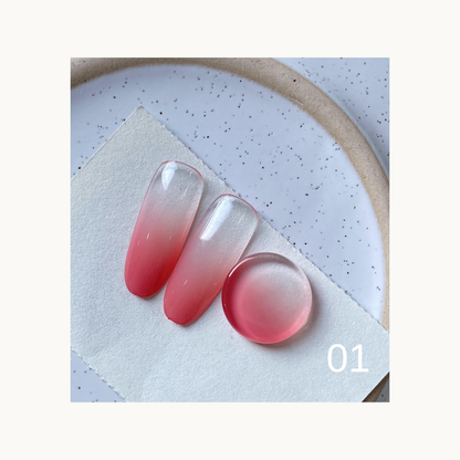 QINGYOU coral-red gradient gel swatches with a round sample, shade 01