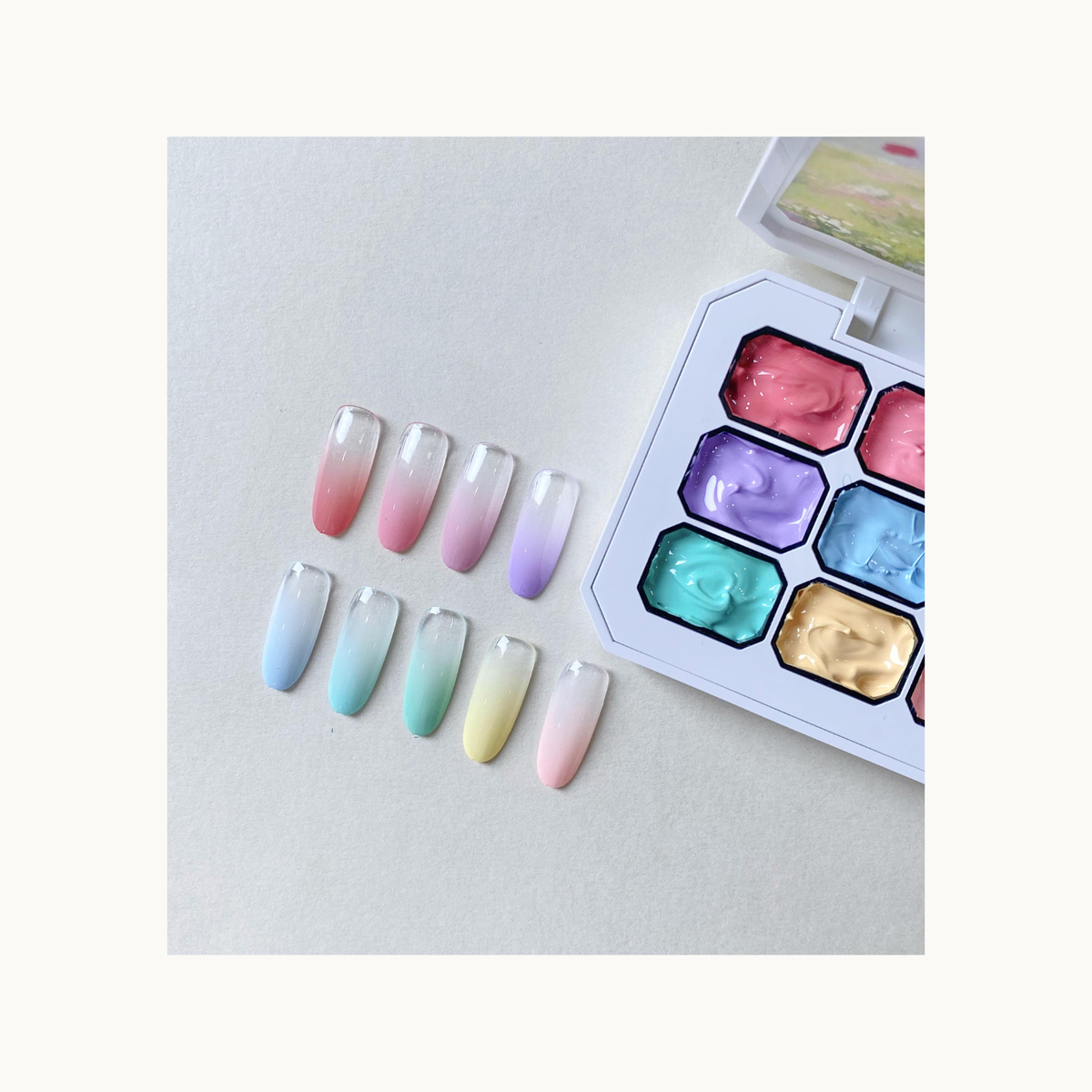 QINGYOU pastel gel palette with nine numbered gradient nail swatches