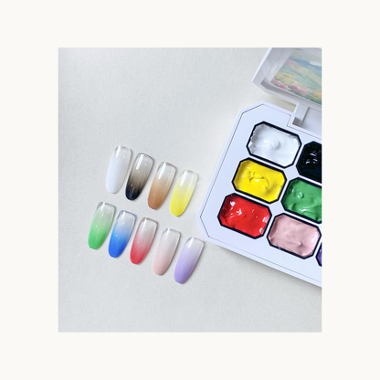 Gel color palette with rows of graduated nail swatches