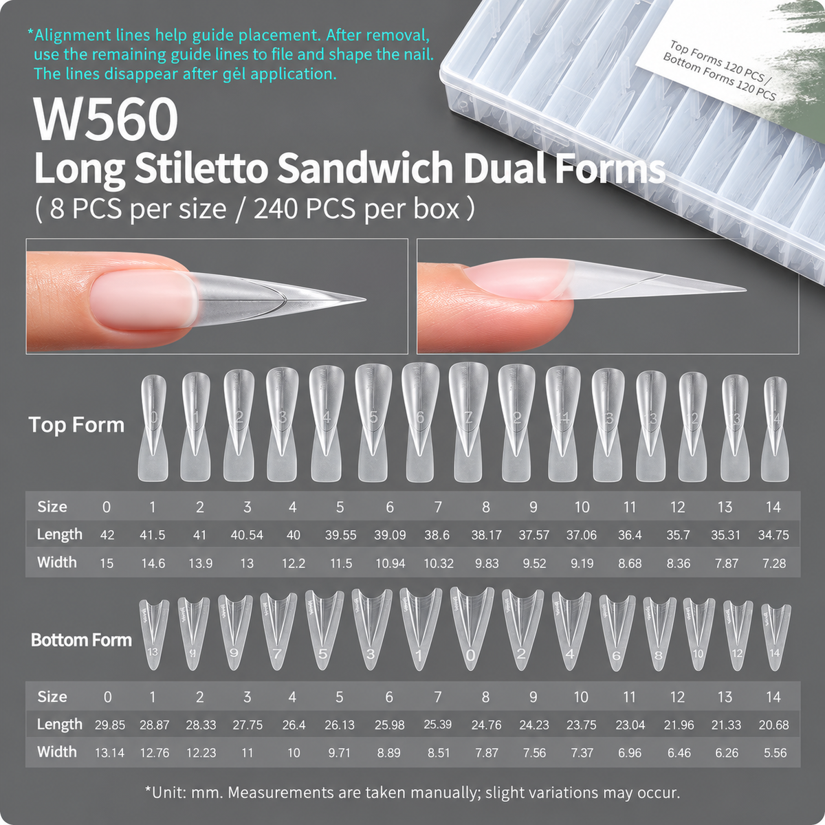 MR Nail W560 long stiletto sandwich dual forms with top and bottom forms, 15 sizes and 240 pieces for sculpted nail extensions.