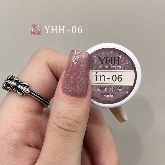 In-06 semi-transparent gel nail polish swatch in dusty rose taupe shimmer