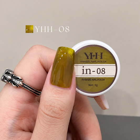In-08 semi-transparent gel nail polish swatch in glossy mustard olive gold