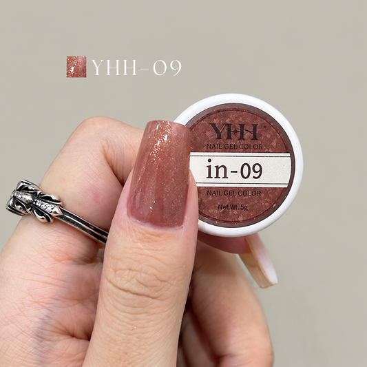 In-09 semi-transparent gel nail polish swatch in dusty rose brown shimmer