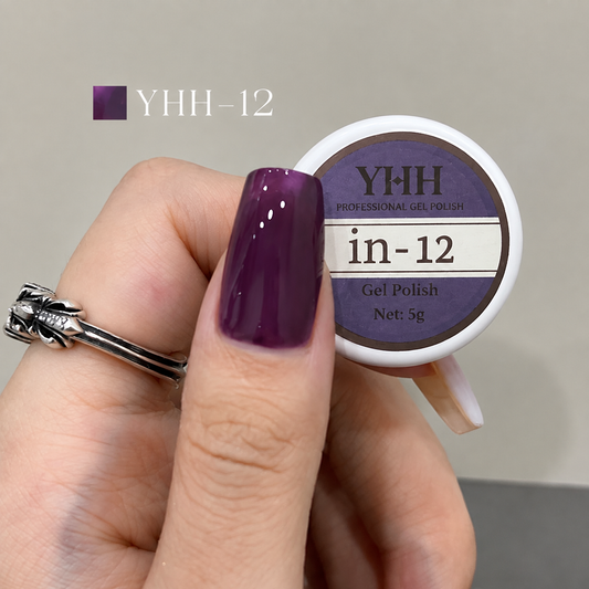 In-12 semi-transparent gel nail polish swatch in glossy deep plum purple