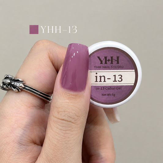 In-13 semi-transparent gel nail polish swatch in glossy muted berry mauve