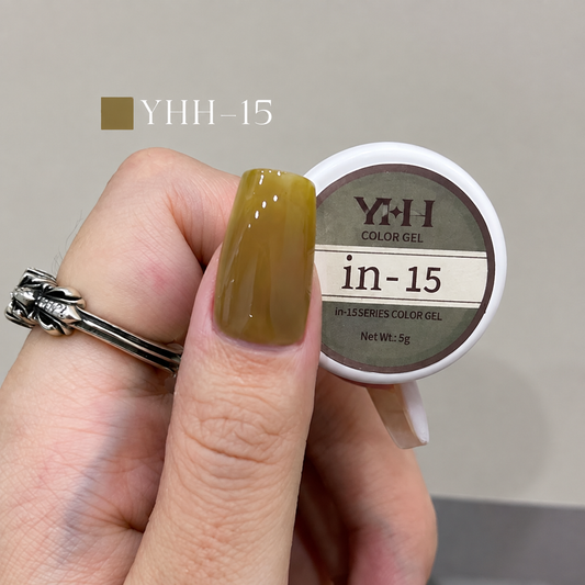 In-15 semi-transparent gel nail polish swatch in glossy muted olive khaki