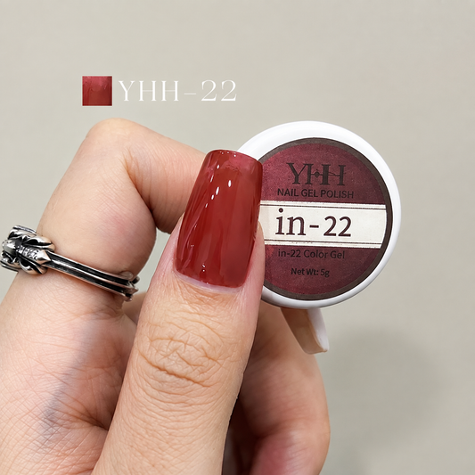 In-22 semi-transparent gel nail polish swatch in glossy brick red