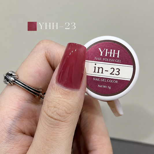 In-23 semi-transparent gel nail polish swatch in glossy berry red