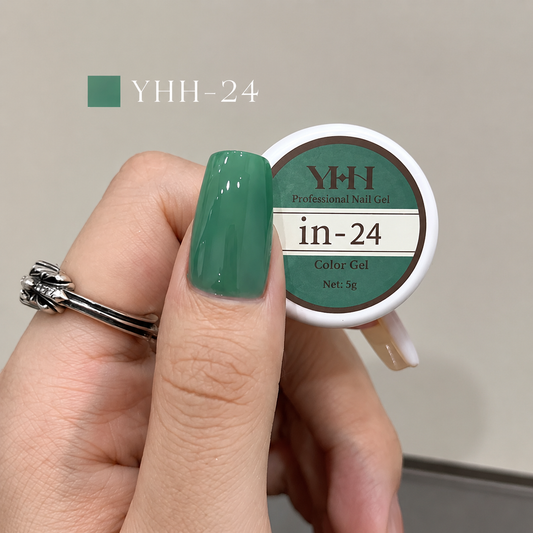 In-24 semi-transparent gel nail polish swatch in glossy medium teal green