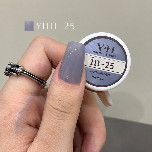 In-25 semi-transparent gel nail polish swatch in glossy dusty periwinkle blue