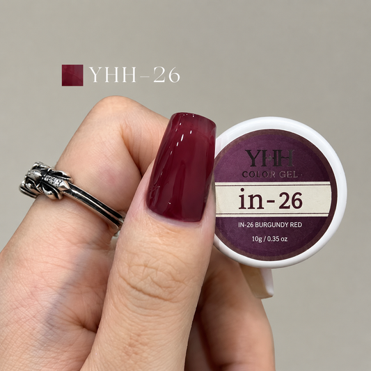 In-26 semi-transparent gel nail polish swatch in glossy deep burgundy plum