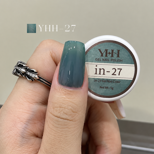 In-27 semi-transparent gel nail polish swatch in glossy slate teal blue