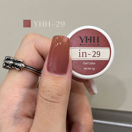 In-29 semi-transparent gel nail polish swatch in glossy muted rosy mauve