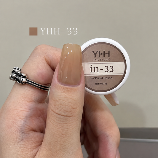 In-33 semi-transparent gel nail polish swatch in glossy beige taupe nude