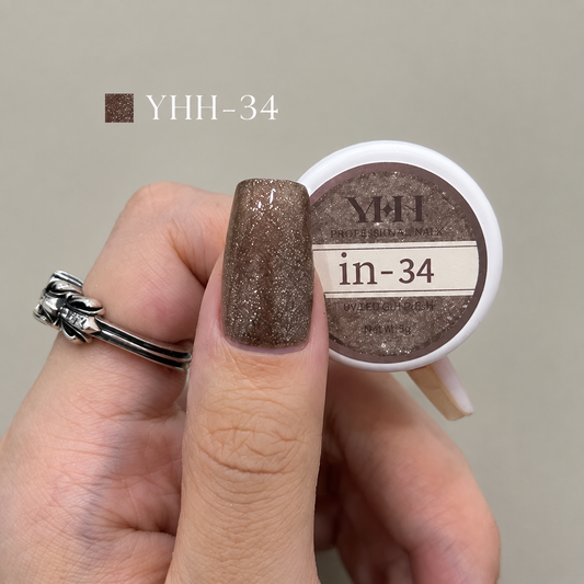 In-34 semi-transparent gel nail polish swatch in dense taupe brown glitter