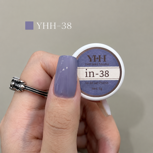 In-38 semi-transparent gel nail polish swatch in glossy muted lavender purple