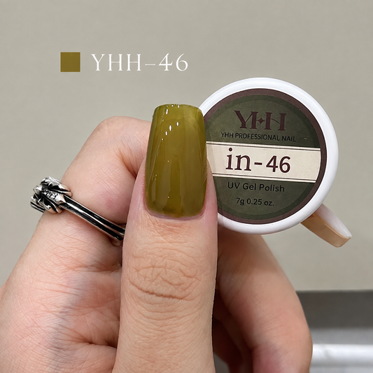 Olive green nail color gel sample on a glossy painted nail