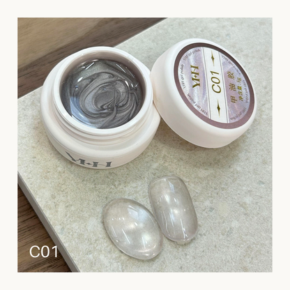 YHH C01 sheer silver white cat eye gel in pot format, translucent magnetic cat eye gel polish for professional nail art