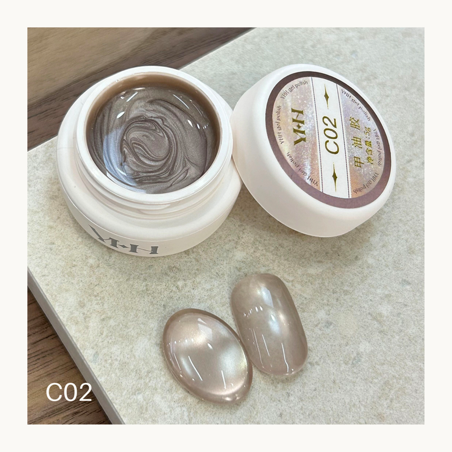 YHH C02 soft champagne nude cat eye gel, sheer magnetic cat eye gel polish with elegant pearl shimmer for salon nail designs