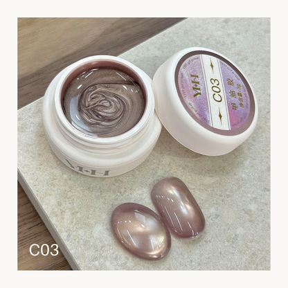 YHH C03 rosy beige sheer cat eye gel polish, translucent magnetic shimmer gel for natural glow nail art