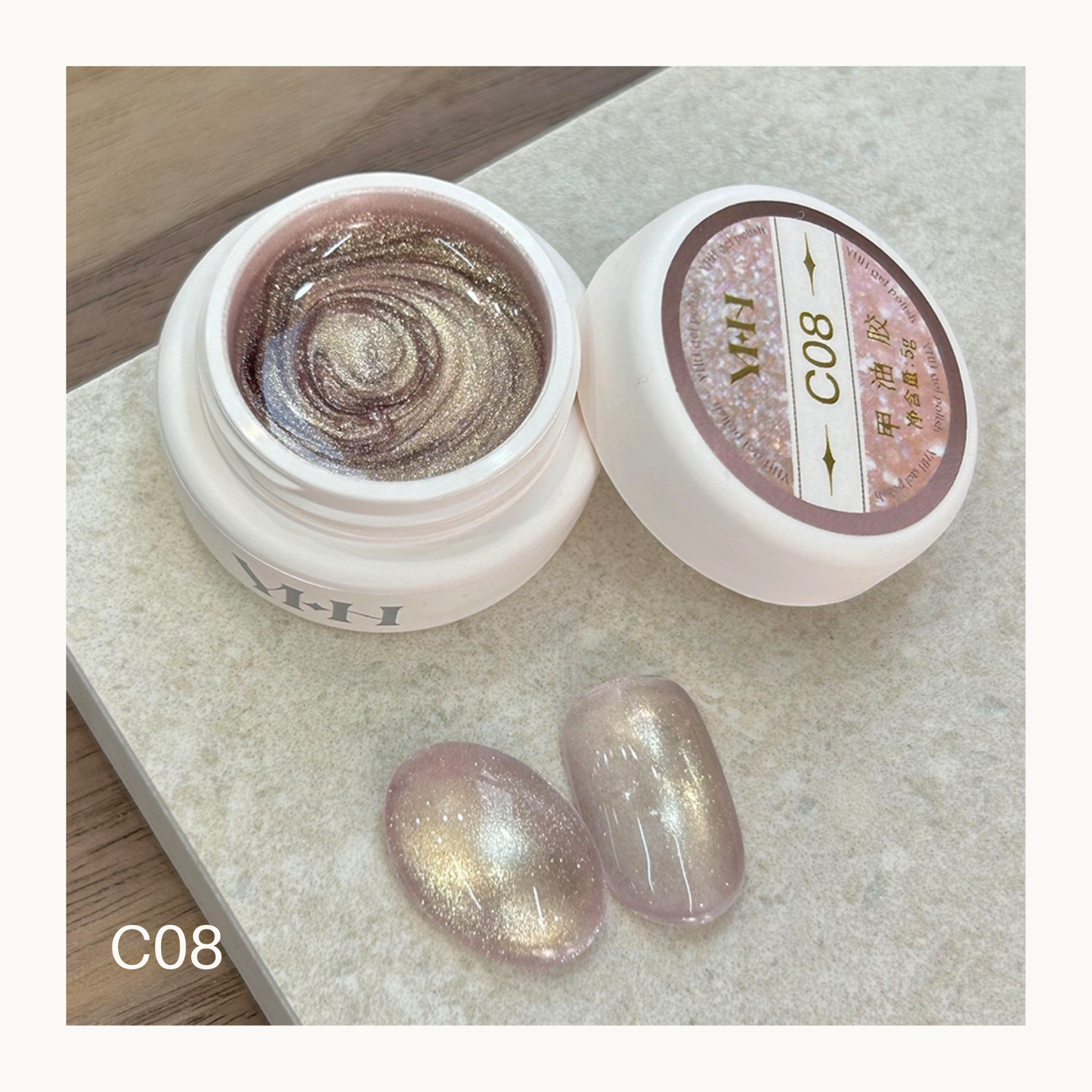 YHH C08 champagne glitter cat eye gel, sheer magnetic shimmer gel polish with fine reflective sparkle for nail art