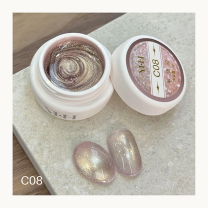 YHH C08 champagne glitter cat eye gel, sheer magnetic shimmer gel polish with fine reflective sparkle for nail art