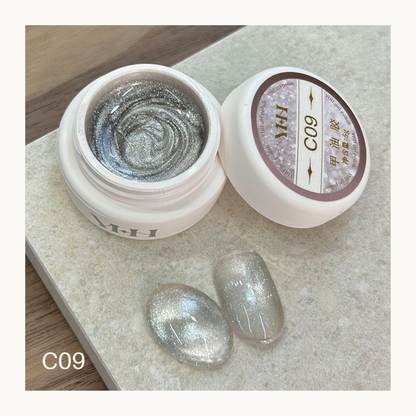 YHH C09 platinum silver glitter cat eye gel polish, translucent magnetic shimmer gel with reflective sparkle finish