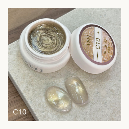 YHH C10 gold champagne cat eye gel, sheer magnetic shimmer gel polish with luminous reflective finish for professional nail use