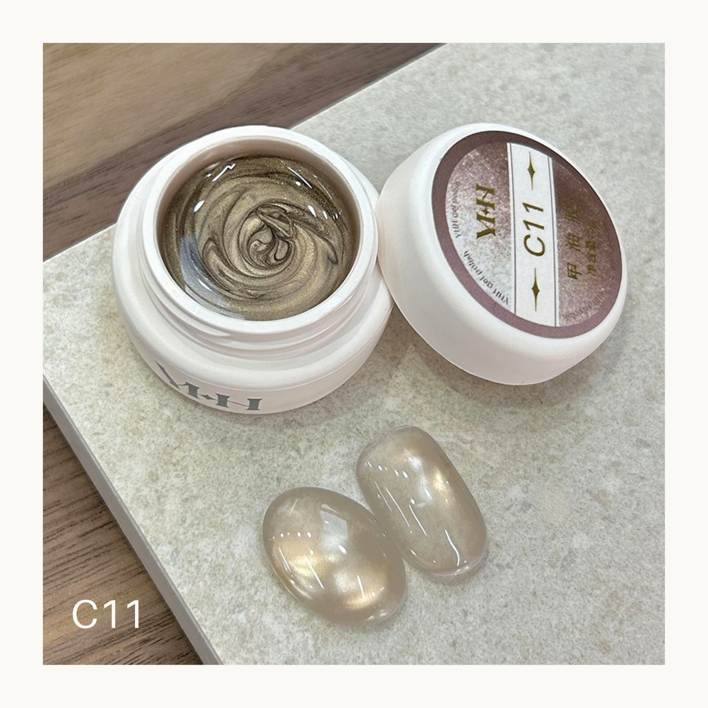 YHH C11 soft milky pearl cat eye gel swatch in pot showing translucent nude shimmer magnetic nail color