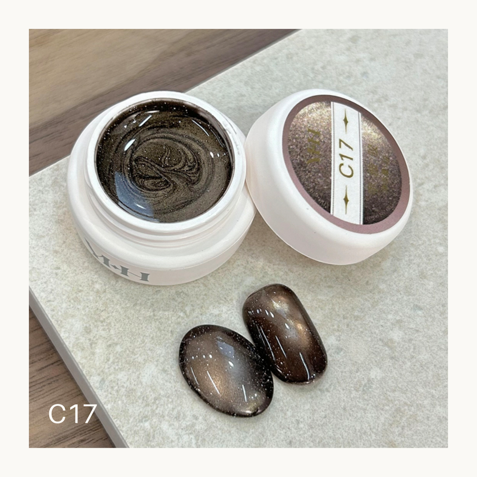 YHH C17 sparkling mocha cat eye gel swatch with fine glitter shimmer magnetic nail color