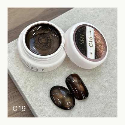 YHH C19 espresso glow cat eye gel swatch featuring deep brown reflective shimmer magnetic nail color