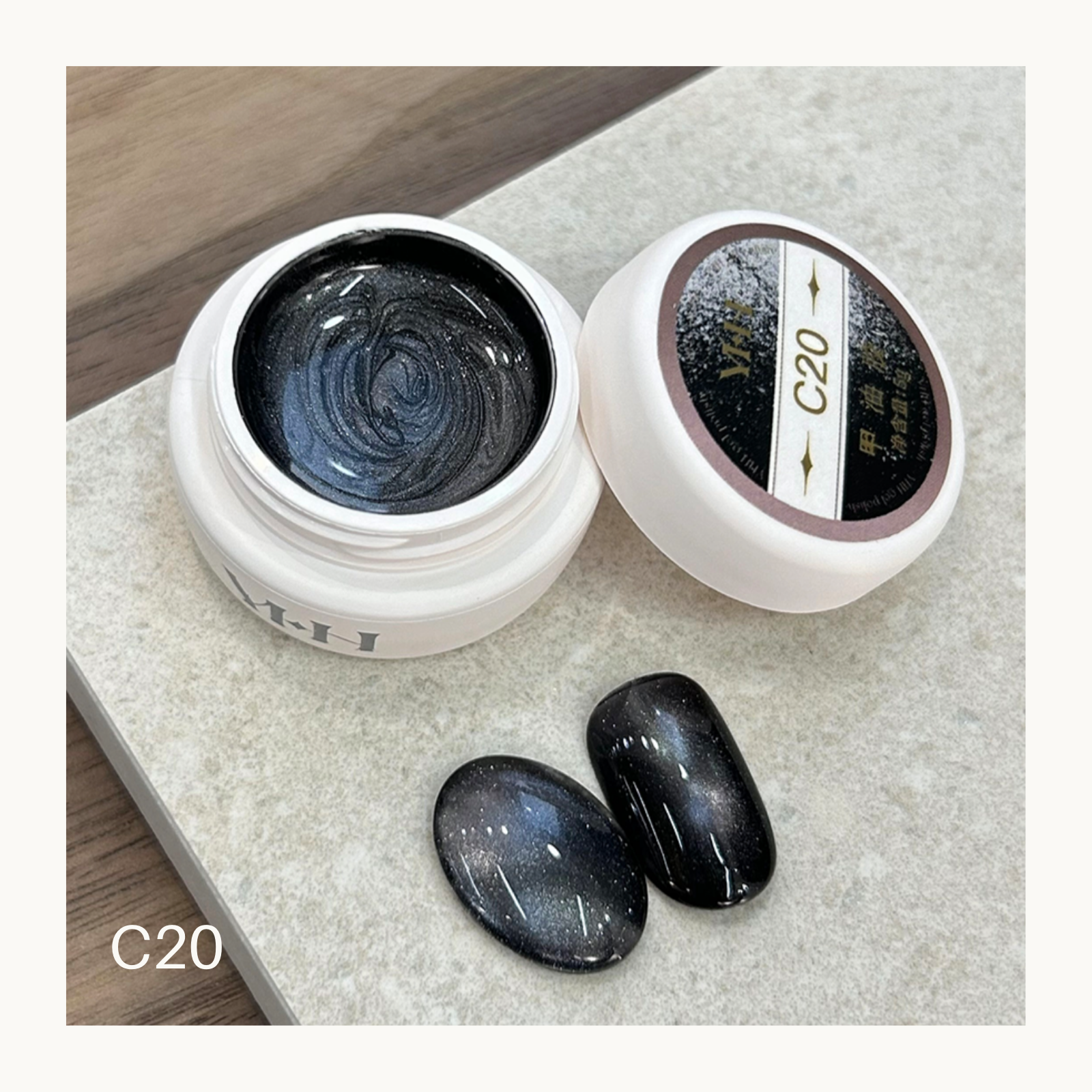 YHH C20 graphite night cat eye gel swatch with dark charcoal shimmer magnetic nail gel color