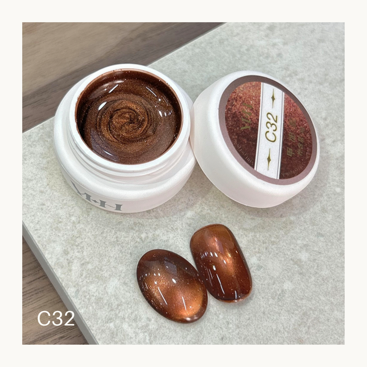 YHH C32 copper sunset cat eye gel with metallic bronze magnetic effect nail swatch