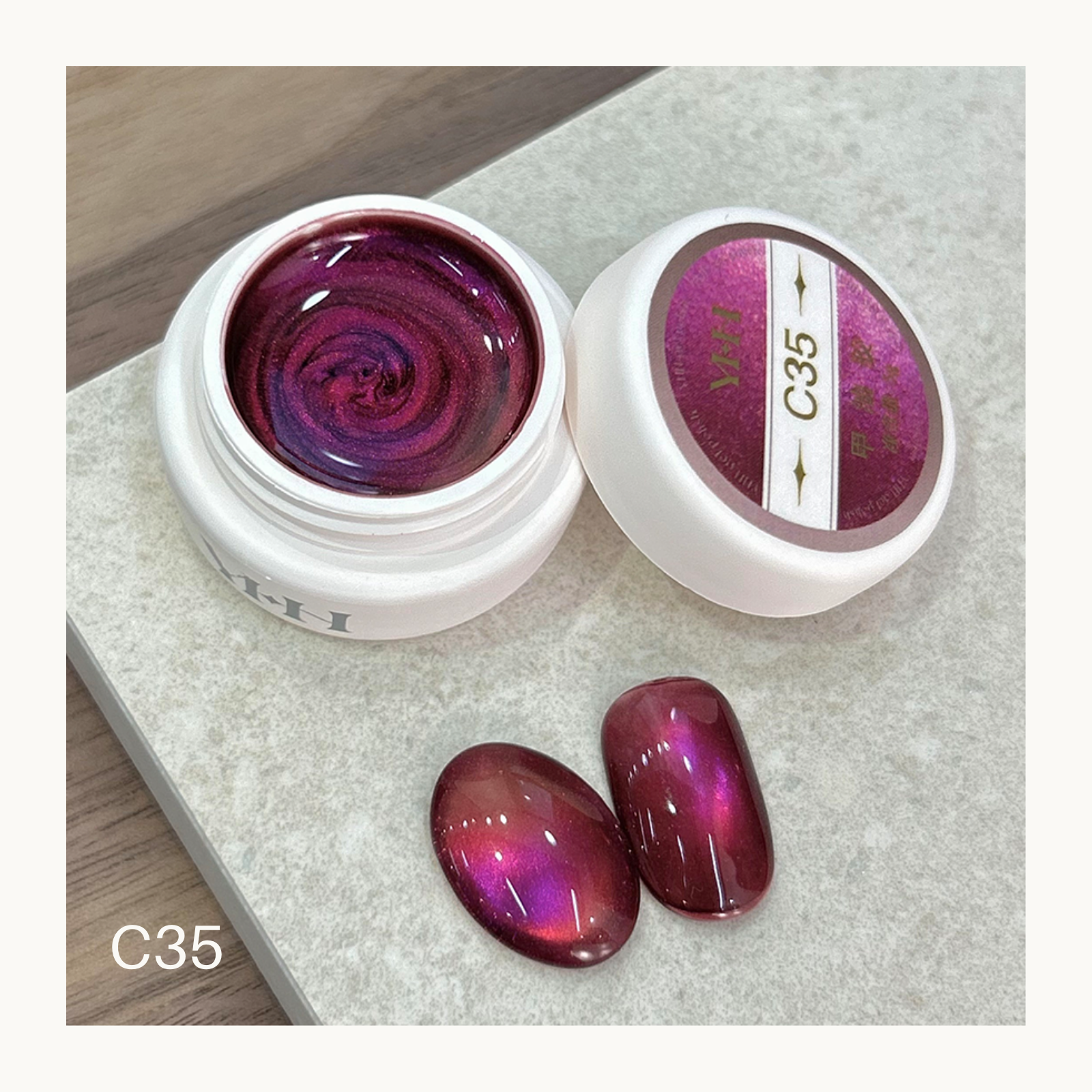 YHH C35 rose berry cat eye gel polish with pink metallic magnetic effect nail art