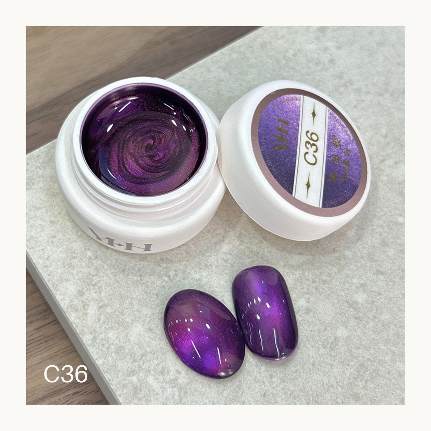 YHH C36 violet plum cat eye gel with luminous purple magnetic shimmer swatch