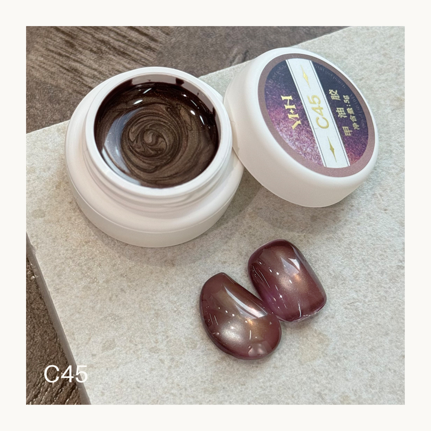 YHH C45 dusty mauve cat eye gel, muted rosy brown magnetic shimmer nail gel swatch