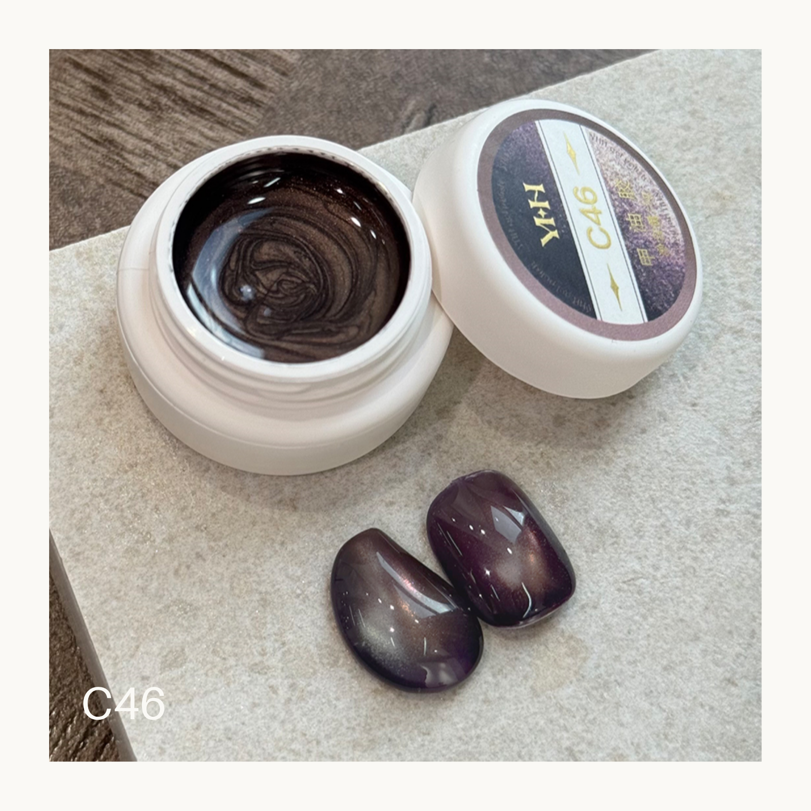 YHH C46 smoky violet cat eye gel, deep purple magnetic shimmer nail gel with soft reflective effect swatch