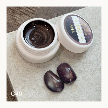YHH C46 smoky violet cat eye gel, deep purple magnetic shimmer nail gel with soft reflective effect swatch