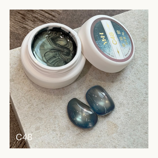 YHH C48 misty teal cat eye gel, cool toned blue green magnetic shimmer nail gel swatch