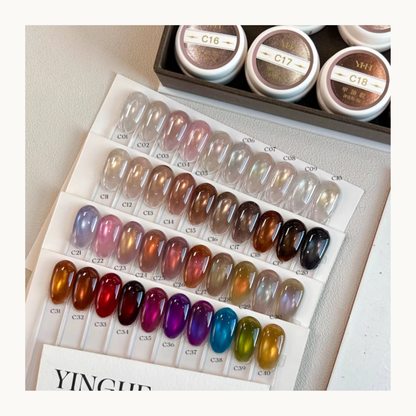 YHH cat eye gel magnetic nail polish full 40 shade swatch board showing seasonal shimmer color variations for professional nail technicians
