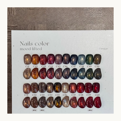 YHH cat eye gel color chart C41–C50 featuring floral nail art designs with magnetic shimmer nail gel shades.