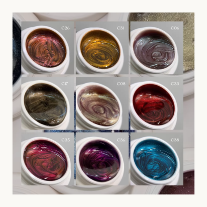 YHH cat eye gel open pot color display grid showing multiple magnetic shimmer color variations and pigment depth