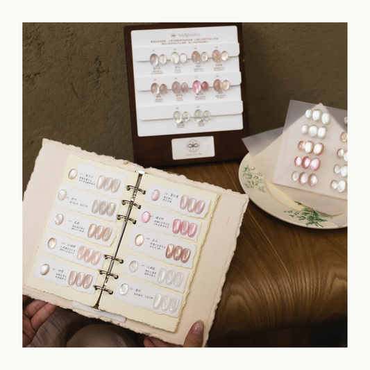 Andpretty nude cat-eye gel color swatch book showing soft neutral magnetic gel shades for daily nail designs
